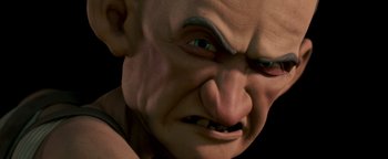 Movie still from “Monster House” (2006), directed by Gil Kenan – An old man with a very large nose and wrinkled face; Extreme Close Up shot, High angle