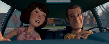 Movie still from “Monster House” (2006), directed by Gil Kenan – A man and a woman sitting in the back of a car; Close Up shot, High angle