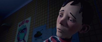 Movie still from “Monster House” (2006), directed by Gil Kenan – A person's face in a video game setting; Close Up shot, Low angle