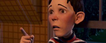 Movie still from “Monster House” (2006), directed by Gil Kenan – A boy's face with a surprised look on his face; Close Up shot, Low angle