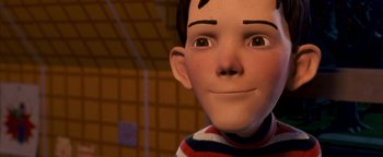 Movie still from “Monster House” (2006), directed by Gil Kenan – A boy's face in a cartoon style; Close Up shot, Low angle