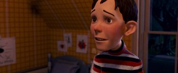 Movie still from “Monster House” (2006), directed by Gil Kenan – A boy with a striped shirt is looking at the camera; Close Up shot, Over the shoulder angle