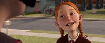 Movie still from “Monster House” (2006), directed by Gil Kenan – A girl's face in a cartoon; Close Up shot, Low angle