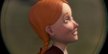Movie still from “Monster House” (2006), directed by Gil Kenan – An animated girl with red hair is smiling; Close Up shot, Low angle