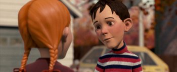 Movie still from “Monster House” (2006), directed by Gil Kenan – A boy and a red haired girl talking to each other; Close Up shot, Over the shoulder angle