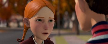 Movie still from “Monster House” (2006), directed by Gil Kenan – A girl with green eyes is looking at the camera; Close Up shot, Over the shoulder angle
