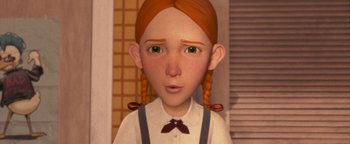 Movie still from “Monster House” (2006), directed by Gil Kenan – A girl with pigtails and green eyes; Close Up shot, Low angle