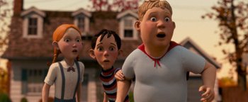 Movie still from “Monster House” (2006), directed by Gil Kenan – A group of people standing next to each other in front of a house; Medium shot, Low angle