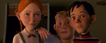 Movie still from “Monster House” (2006), directed by Gil Kenan – A group of people standing next to each other in a room; Close Up shot, Low angle
