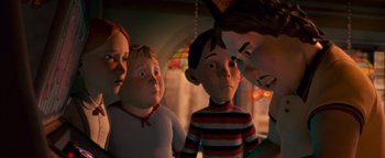 Movie still from “Monster House” (2006), directed by Gil Kenan – A group of people that are standing up; Medium shot, Over the shoulder angle