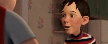 Movie still from “Monster House” (2006), directed by Gil Kenan – The head of a cartoon character; Close Up shot, Over the shoulder angle