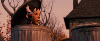 Movie still from “Monster House” (2006), directed by Gil Kenan – The head of a statue of pinocchio; Medium shot, Low angle