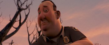 Movie still from “Monster House” (2006), directed by Gil Kenan – An animated character is looking at the camera; Close Up shot, Low angle