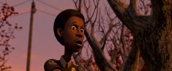 Movie still from “Monster House” (2006), directed by Gil Kenan – An animated character looks surprised in front of a tree; Close Up shot, Low angle