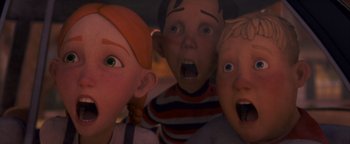 Movie still from “Monster House” (2006), directed by Gil Kenan – A group of people that are standing in a room; Close Up shot, Low angle