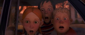 Movie still from “Monster House” (2006), directed by Gil Kenan – A group of people that are standing in a room; Close Up shot, Low angle