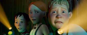 Movie still from “Monster House” (2006), directed by Gil Kenan – A couple of people standing next to each other in a room; Close Up shot, Low angle