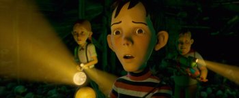Movie still from “Monster House” (2006), directed by Gil Kenan – A boy and a girl are looking into the distance; Close Up shot, Low angle