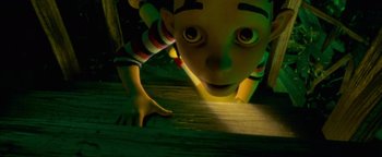 Movie still from “Monster House” (2006), directed by Gil Kenan – A person's face in the dark; Extreme Close Up shot, Overhead angle