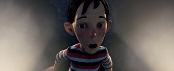 Movie still from “Monster House” (2006), directed by Gil Kenan – An animated boy with a surprised look on his face; Close Up shot, High angle