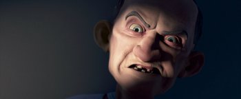 Movie still from “Monster House” (2006), directed by Gil Kenan – The face of an evil looking cartoon character; Extreme Close Up shot, Low angle