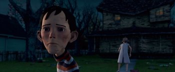 Movie still from “Monster House” (2006), directed by Gil Kenan – A boy and a girl are standing in front of an old house; Close Up shot, Low angle