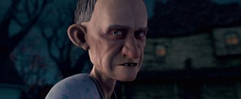 Movie still from “Monster House” (2006), directed by Gil Kenan – An old man with a goatee is looking into the distance; Close Up shot, Over the shoulder angle