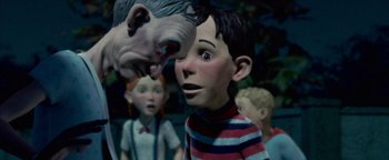 Movie still from “Monster House” (2006), directed by Gil Kenan – A scene from the animated film paranorman; Close Up shot, Over the shoulder angle