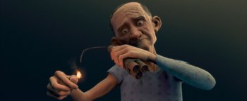 Movie still from “Monster House” (2006), directed by Gil Kenan – An old man holding a lit candle and a stick; Extreme Close Up shot, Low angle