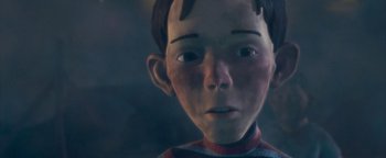 Movie still from “Monster House” (2006), directed by Gil Kenan – A child's face in a dark room; Close Up shot, Low angle