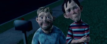 Movie still from “Monster House” (2006), directed by Gil Kenan – Two children are standing next to each other; Close Up shot, High angle