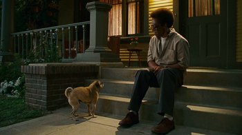 Movie still from “Norbit” (2007), directed by Brian Robbins – A man sitting on steps with a small dog; Wide shot, Low angle