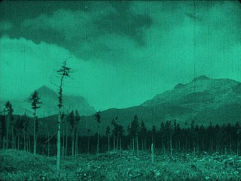Movie still from “Nosferatu” (1922), directed by F.W. Murnau – A forest filled with lots of trees near a mountain range; Extreme Wide shot, High angle