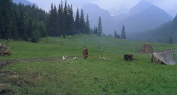 Movie still from “Nosferatu the Vampyre” (1979), directed by Werner Herzog – A man walking in a field with a wagon full of chickens; Extreme Wide shot, High angle