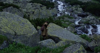 Movie still from “Nosferatu the Vampyre” (1979), directed by Werner Herzog – A person standing on top of a large rock formation; Extreme Wide shot, High angle