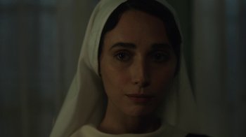 Movie still from “Novitiate” (2017), directed by Maggie Betts – A person wearing a head covering; Close Up shot, Low angle
