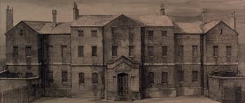 Movie still from “Oliver!” (1968), directed by Carol Reed – A drawing of an old brick building with windows; Extreme Wide shot, Low angle