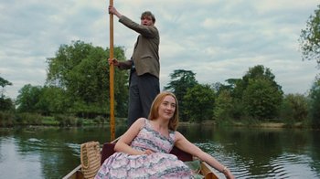 Movie still from “On Chesil Beach” (2017), directed by Dominic Cooke – A man and a woman in a boat on a lake; Medium shot, Over the shoulder angle
