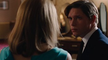 Movie still from “On Chesil Beach” (2017), directed by Dominic Cooke – A man and a woman talking to each other; Close Up shot, Over the shoulder angle