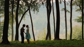 Movie still from “On Chesil Beach” (2017), directed by Dominic Cooke – A man and a woman standing next to each other in the woods; Wide shot, High angle