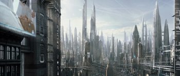 Movie still from “Mr. Nobody” (2009), directed by Jaco Van Dormael – An image of a large city with a lot of skyscrapers; Extreme Wide shot, High angle