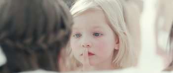 Movie still from “Mr. Nobody” (2009), directed by Jaco Van Dormael – A little girl with her finger on her lips; Extreme Close Up shot, Over the shoulder angle