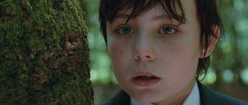 Movie still from “Mr. Nobody” (2009), directed by Jaco Van Dormael – A young boy's face next to a mossy tree; Close Up shot, Low angle