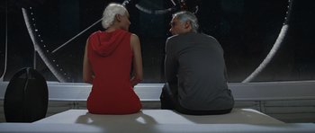 Movie still from “Mr. Nobody” (2009), directed by Jaco Van Dormael – A man and a woman sitting next to each other; Medium shot, Over the shoulder angle