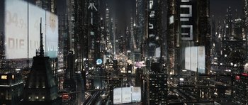 Movie still from “Mr. Nobody” (2009), directed by Jaco Van Dormael – A view of a city at night from a high vantage point; Extreme Wide shot, High angle