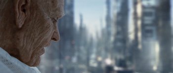 Movie still from “Mr. Nobody” (2009), directed by Jaco Van Dormael – View of a person's face in front of a window; Extreme Close Up shot, Over the shoulder angle