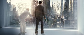 Movie still from “Mr. Nobody” (2009), directed by Jaco Van Dormael – A man and a woman looking out of a window; Wide shot, High angle