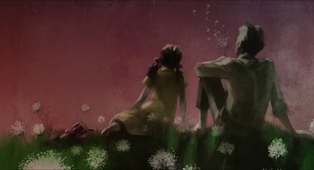 Movie still from “Orphan: First Kill” (2022), directed by William Brent Bell – A painting of a woman and a man sitting in a field with dandelions; Wide shot, Low angle