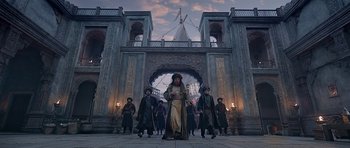 Movie still from “Padmaavat” (2018), directed by Sanjay Leela Bhansali – A group of people standing in front of a building; Wide shot, Low angle
