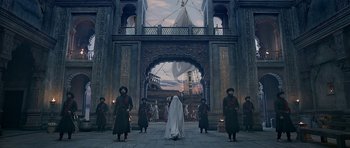 Movie still from “Padmaavat” (2018), directed by Sanjay Leela Bhansali – A group of people standing around a building; Extreme Wide shot, Low angle